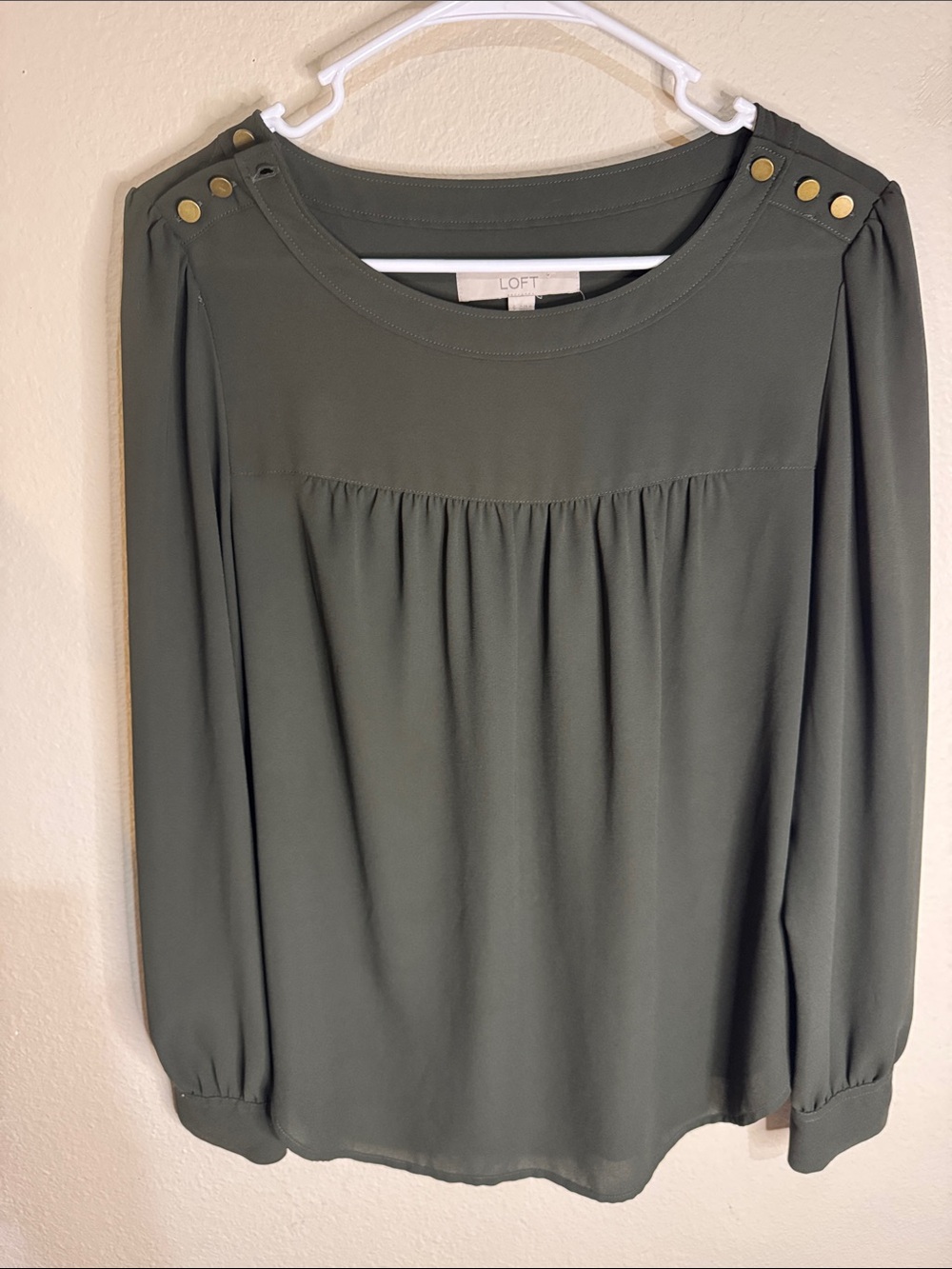 LOFT Olive Green Long-Sleeve Button-Shoulder Blouse